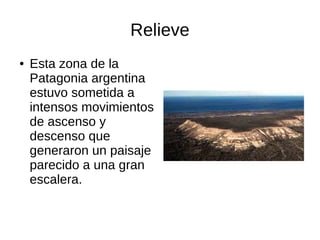Relieve
● Esta zona de la
Patagonia argentina
estuvo sometida a
intensos movimientos
de ascenso y
descenso que
generaron un paisaje
parecido a una gran
escalera.
 