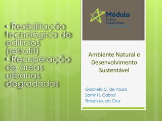 Ambiente Natural e
Desenvolvimento
Sustentável
Gabriela C. de Paula
Samir H. Cabral
Thayris M. da Cruz
• Reabilitação
tecnológica de
edifícios
(retrofit)
• Recuperação
de áreas
urbanas
degradadas
 