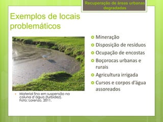 Exemplos de locais
problemáticos
 Mineração
 Disposição de resíduos
 Ocupação de encostas
 Boçorocas urbanas e
rurais
 Agricultura irrigada
 Cursos e corpos d’água
assoreados
• Material fino em suspensão na
coluna d’água (turbidez).
Foto: Lorenzo, 2011.
Recuperação de áreas urbanas
degradadas
 