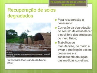 Recuperação de solos
degradados
 Para recuperação é
necessário:
 Correção da degradação,
no sentido de estabelecer
o equilíbrio dos processos
do meio físico;
 Trabalhos de
manutenção, de modo a
evitar a reativação destes
processos e a
consequente anulação
das medidas corretivas.
Recuperação de áreas urbanas
degradadas
Parnamirim, Rio Grande do Norte,
Brasil.
 