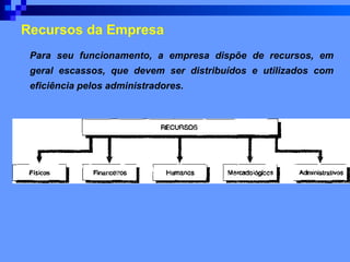 Recursos da Empresa Para seu funcionamento, a empresa dispõe de recursos, em geral escassos, que devem ser distribuídos e utilizados com eficiência pelos administradores. 