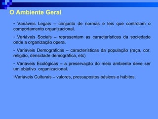 O Ambiente Geral Variáveis Legais – conjunto de normas e leis que controlam o comportamento organizacional. Variáveis Sociais – representam as características da sociedade onde a organização opera. Variáveis Demográficas – características da população (raça, cor, religião, densidade demográfica, etc) Variáveis Ecológicas – a preservação do meio ambiente deve ser um objetivo  organizacional. Variáveis Culturais – valores, pressupostos básicos e hábitos. 