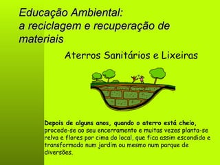 Educação Ambiental: a reciclagem e recuperação de materiais Aterros Sanitários e Lixeiras Depois de alguns anos, quando o aterro está cheio,  procede-se ao seu encerramento e muitas vezes planta-se relva e flores por cima do local, que fica assim escondido e transformado num jardim ou mesmo num parque de diversões.  
