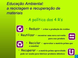 Educação Ambiental: a reciclagem e recuperação de materiais A política dos 4 R’s Reduzir -  evitar a produção do resíduo   Reciclar -  aproveitar a matéria prima que o constitui  Reutilizar -  encontrar uma nova serventia para esse produto   Recuperar -  a matéria prima aproveitada pode ser usada para fabricar produtos idênticos   