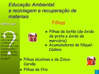 Educação Ambiental: a reciclagem e recuperação de materiais Pilhas Pilhas de botão (de óxido de prata e óxido de mercúrio)  Pilhas alcalinas e de Zinco-Carvão X ? Sabias que: Os componentes das pilhas (no solo) espalham-se e infiltram-se provocando a sua contaminação e podendo mesmo atingir os lençóis de água ? Acumuladores de Níquel-Cádmio  Pilhas de lítio 
