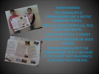 TARAHUMARAS:
          THE RARAMURIS O
  TARAHUMARAS ARE A NATIVE
        AMERICAN PEOPLE .
THEY EAT CORN {TORTILLA}, RICE,
         BEANS AND NOPAL.
  THERE ECOSYSTEM IS DESERT.
THEY LIVE IN WOODEN OR ROCK
              HOUSES.
     THE WEATHER AFFECT THE
 TARAHUMARA PEOPLE BECAUSE
 IF ITS TO HOT THEY DEHYDRATE.
    IF ITS COLD THEY CAN DYE.
 