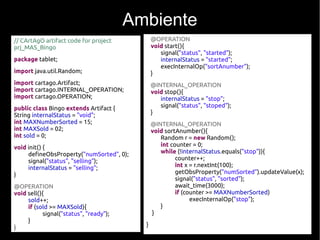 // CArtAgO artifact code for project
prj_MAS_Bingo
package tablet;
import java.util.Random;
import cartago.Artifact;
import cartago.INTERNAL_OPERATION;
import cartago.OPERATION;
public class Bingo extends Artifact {
String internalStatus = "void";
int MAXNumberSorted = 15;
int MAXSold = 02;
int sold = 0;
void init() {
defineObsProperty("numSorted", 0);
signal("status", "selling");
internalStatus = "selling";
}
@OPERATION
void sell(){
sold++;
if (sold >= MAXSold){
signal("status", "ready");
}
}
@OPERATION
void start(){
signal("status", "started");
internalStatus = "started";
execInternalOp("sortAnumber");
}
@INTERNAL_OPERATION
void stop(){
internalStatus = "stop";
signal("status", "stoped");
}
@INTERNAL_OPERATION
void sortAnumber(){
Random r = new Random();
int counter = 0;
while (!internalStatus.equals("stop")){
counter++;
int x = r.nextInt(100);
getObsProperty("numSorted").updateValue(x);
signal("status", "sorted");
await_time(3000);
if (counter >= MAXNumberSorted)
execInternalOp("stop");
}
}
}
Ambiente
 