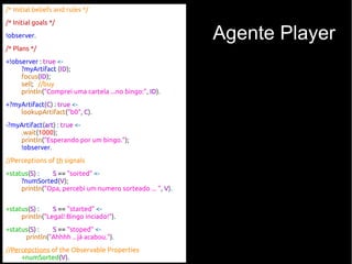 Agente Player
/* Initial beliefs and rules */
/* Initial goals */
!observer.
/* Plans */
+!observer : true <-
?myArtifact (ID);
focus(ID);
sell; //buy
println("Comprei uma cartela ...no bingo:", ID).
+?myArtifact(C) : true <-
lookupArtifact("b0", C).
-?myArtifact(art) : true <-
.wait(1000);
println("Esperando por um bingo.");
!observer.
//Perceptions of th signals
+status(S) : S == "sorted" <-
?numSorted(V);
println("Opa, percebi um numero sorteado ... ", V).
+status(S) : S == "started" <-
println("Legal! Bingo inciado!").
+status(S) : S == "stoped" <-
println("Ahhhh .. já acabou.").
//Percepctions of the Observable Properties
+numSorted(V).
 