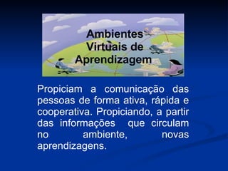 Propiciam a comunicação das pessoas de forma ativa, rápida e cooperativa. Propiciando, a partir das informações  que circulam no ambiente, novas aprendizagens. Ambientes Virtuais de Aprendizagem   