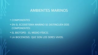 AMBIENTES MARINOS
• COMPONENTES
• EN EL ECOSISTEMA MARINO SE DISTINGUEN DOS
COMPONENTES:
• EL BIOTOPO : EL MEDIO FÍSICO.
• LA BIOCENOSIS: QUE SON LOS SERES VIVOS.
 