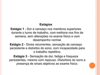 Estágios 
Estágio 1 - Dor e cansaço nos membros superiores 
durante o turno de trabalho, com melhora nos fins de 
semana, sem alterações no exame físico e com 
desempenho normal. 
Estágio 2 - Dores recorrentes, sensação de cansaço 
persistente e distúrbio do sono, com incapacidade para 
o trabalho repetitivo. 
Estágio 3 - Sensação de dor, fadiga e fraqueza 
persistentes, mesmo com repouso. Distúrbios do sono e 
presença de sinais objetivos ao exame físico. 
 