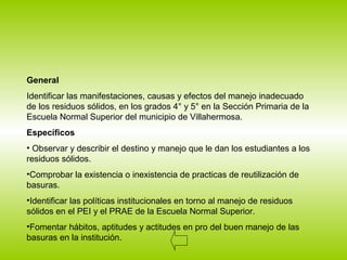 General
Identificar las manifestaciones, causas y efectos del manejo inadecuado
de los residuos sólidos, en los grados 4° y 5° en la Sección Primaria de la
Escuela Normal Superior del municipio de Villahermosa.
Específicos
• Observar y describir el destino y manejo que le dan los estudiantes a los
residuos sólidos.
•Comprobar la existencia o inexistencia de practicas de reutilización de
basuras.
•Identificar las políticas institucionales en torno al manejo de residuos
sólidos en el PEI y el PRAE de la Escuela Normal Superior.
•Fomentar hábitos, aptitudes y actitudes en pro del buen manejo de las
basuras en la institución.
 