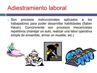 Adiestramiento laboral
 Son procesos instruccionales aplicados a los
trabajadores para poder desarrollar habilidades (Saber
Hacer). Comúnmente son procesos mecanicistas
repetitivos (manejar un auto, realizar una labor operativa
simple de ensamble, armar un mueble, etc.)
 