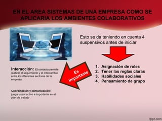 EN EL AREA SISTEMAS DE UNA EMPRESA COMO SE
APLICARIA LOS AMBIENTES COLABORATIVOS
Esto se da teniendo en cuenta 4
suspensivos antes de iniciar
1. Asignación de roles
2. Tener las reglas claras
3. Habilidades sociales
4. Pensamiento de grupo
Es
importante
Interacción: El contacto permite
realizar el seguimiento y el intercambio
entre los diferentes sectores de la
empresa.
Coordinación y comunicación:
juega un rol activo e importante en el
plan de trabajo
 