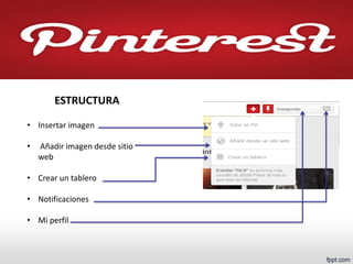 •Insertar imagen 
• Añadir imagen desde sitio web 
•Crear un tablero 
•Notificaciones 
•Mi perfil 
ESTRUCTURA  
