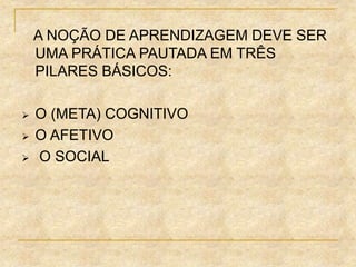 A NOÇÃO DE APRENDIZAGEM DEVE SER
UMA PRÁTICA PAUTADA EM TRÊS
PILARES BÁSICOS:
 O (META) COGNITIVO
 O AFETIVO
 O SOCIAL
 
