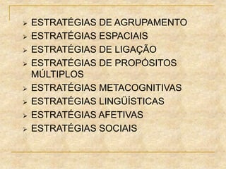  ESTRATÉGIAS DE AGRUPAMENTO
 ESTRATÉGIAS ESPACIAIS
 ESTRATÉGIAS DE LIGAÇÃO
 ESTRATÉGIAS DE PROPÓSITOS
MÚLTIPLOS
 ESTRATÉGIAS METACOGNITIVAS
 ESTRATÉGIAS LINGÜÍSTICAS
 ESTRATÉGIAS AFETIVAS
 ESTRATÉGIAS SOCIAIS
 