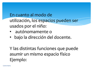 En cuanto al modo de utilización, los espacios pueden ser usados por el niño: autónomamente o 