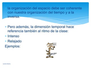 Dimensión temporal. Está vinculada a la organización del tiempo y, por lo tanto, a los momentos en que los espacios van a ser utilizados. El tiempo de las distintas actividades está necesariamente ligado al espacio en que se realiza cada una de ellas: el tiempo de jugar en los rincones, 