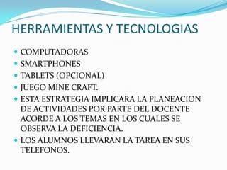 HERRAMIENTAS Y TECNOLOGIAS
 COMPUTADORAS
 SMARTPHONES
 TABLETS (OPCIONAL)
 JUEGO MINE CRAFT.
 ESTA ESTRATEGIA IMPLICARA LA PLANEACION
DE ACTIVIDADES POR PARTE DEL DOCENTE
ACORDE A LOS TEMAS EN LOS CUALES SE
OBSERVA LA DEFICIENCIA.
 LOS ALUMNOS LLEVARAN LA TAREA EN SUS
TELEFONOS.
 