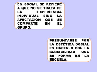 EN SOCIAL SE REFIERE
A QUE NO SE TRATA DE
LA
EXPERIENCIA
INDIVIDUAL SINO LA
AFECTACIÓN QUE SE
COMPARTE
EN
EL
GRUPO.

PREGUNTARSE POR
LA ESTÉTICA SOCIAL
ES HACERLO POR LA
SENSIBILIDAD
QUE
SE FORMA EN LA
ESCUELA.

 