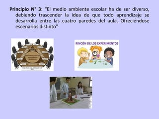 Principio N° 3: “El medio ambiente escolar ha de ser diverso,
debiendo trascender la idea de que todo aprendizaje se
desarrolla entre las cuatro paredes del aula. Ofreciéndose
escenarios distinto”

 