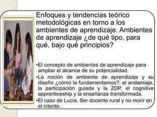 Enfoques y tendencias teórico
metodológicas en torno a los
ambientes de aprendizaje. Ambientes
de aprendizaje ¿de qué tipo, para
qué, bajo qué principios?
•El concepto de ambientes de aprendizaje para
ampliar el alcance de su potencialidad.
•La noción de ambiente de aprendizaje y su
diseño ¿cómo la fundamentamos?: el andamiaje,
la participación guiada y la ZDP, el cognitive
apprenticeship y la enseñanza transformada.
•El caso de Lucía. Ser docente rural y no morir en
el intento.
 