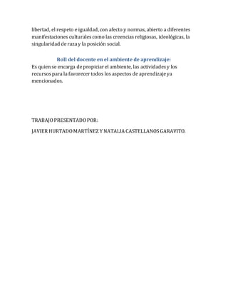 libertad, el respeto e igualdad, con afecto y normas, abierto a diferentes
manifestaciones culturalescomo las creencias religiosas, ideológicas, la
singularidad derazay la posición social.
Roll del docente en el ambiente de aprendizaje:
Es quien se encarga depropiciar el ambiente, las actividadesy los
recursospara la favorecer todos los aspectos de aprendizajeya
mencionados.
TRABAJOPRESENTADOPOR:
JAVIER HURTADOMARTÍNEZ Y NATALIA CASTELLANOSGARAVITO.
 