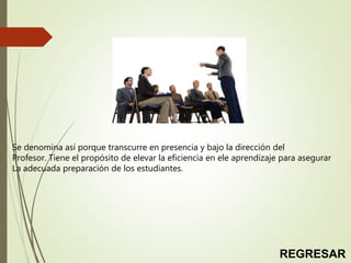 Se denomina así porque transcurre en presencia y bajo la dirección del
Profesor. Tiene el propósito de elevar la eficiencia en ele aprendizaje para asegurar
La adecuada preparación de los estudiantes.
REGRESAR
 
