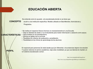 EDUCACIÓN ABIERTA
Se entiende como lo opuesto a la escolarizada donde no se tiene que
CONCEPTO acudir a una institución específica. Modelo utilizado en Bachilleratos, licenciaturas y
Posgrados.
CARACTERÍSTICAS
• Se realiza en espacios físicos diversos no necesariamente en una Escuela.
• Deja en libertad de asistir o no al estudiante para recibir información o asesoría como apoyo.
• Hace énfasis en el autodidactismo
• Elimina la rigidez de la currícula
• Flexibiliza los criterios de evaluación y acreditación.
• Flexibilidad en los ritmos de aprendizaje de los alumnos
PERFIL
En especial para personas de edad adulta que por diferentes circunstancias dejaron de estudiar
Y quieren retomar el camino académico, bajo esta modalidad; ya que sus labores le impiden un
Un sistema escolarizado común.
http://200.77.230.9/HyperNews/get/SASA/53/1/1.html?inline=-1
http://www.prepaabiertadf.sep.gob.mx/
 