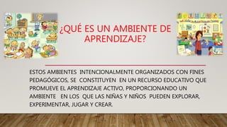 ¿QUÉ ES UN AMBIENTE DE
APRENDIZAJE?
ESTOS AMBIENTES INTENCIONALMENTE ORGANIZADOS CON FINES
PEDAGÓGICOS, SE CONSTITUYEN EN UN RECURSO EDUCATIVO QUE
PROMUEVE EL APRENDIZAJE ACTIVO, PROPORCIONANDO UN
AMBIENTE EN LOS QUE LAS NIÑAS Y NIÑOS PUEDEN EXPLORAR,
EXPERIMENTAR, JUGAR Y CREAR.
 