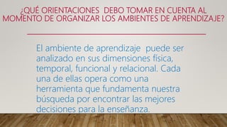 ¿QUÉ ORIENTACIONES DEBO TOMAR EN CUENTA AL
MOMENTO DE ORGANIZAR LOS AMBIENTES DE APRENDIZAJE?
El ambiente de aprendizaje puede ser
analizado en sus dimensiones física,
temporal, funcional y relacional. Cada
una de ellas opera como una
herramienta que fundamenta nuestra
búsqueda por encontrar las mejores
decisiones para la enseñanza.
 