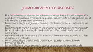 ¿CÓMO ORGANIZO LOS RINCONES?
• El aula se divide por sectores de trabajo o de juego donde los niños exploran y
descubren cada rincón empleando su propio razonamiento siendo guiados por el
o la docente o de manera autónoma.
• Los rincones pueden organizarse tanto en el interior como en el exterior de las
aulas.
• Los horarios de trabajo o juego en los rincones de aprendizaje dependerán de
las actividades planiﬁcadas, de la edad de los niños, y del interés que ellos
demuestren.
• Los niños visitarán los rincones del aula simultáneamente de acuerdo a su libre
elección e irán rotando.
• Los rincones, dependiendo de la planiﬁcación, pueden variar durante el
transcurso del año.
• Las actividades o juegos serán planteados de acuerdo a la experiencia de
aprendizaje planiﬁcada por las/los docentes.
 