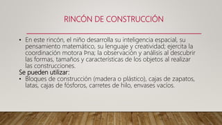 RINCÓN DE CONSTRUCCIÓN
• En este rincón, el niño desarrolla su inteligencia espacial, su
pensamiento matemático, su lenguaje y creatividad; ejercita la
coordinación motora ﬁna; la observación y análisis al descubrir
las formas, tamaños y características de los objetos al realizar
las construcciones.
Se pueden utilizar:
• Bloques de construcción (madera o plástico), cajas de zapatos,
latas, cajas de fósforos, carretes de hilo, envases vacíos.
 
