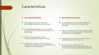 Características
 Aprendizaje Individual
 Son aquellos ambientes donde el
aprendizaje se realiza individualmente.
 Las actividades pueden ser muy variadas,
pero llevan en si la relación individual con el
aprendizaje.
 Este tipo de aprendizaje ha ido
evolucionando hasta nuestras fechas.
 Actualmente, gracias a la tecnología, es
habitual ver a estudiantes aprendiendo solos
mediante una computadora.
 Aprendizaje Colaborativo
 Es el aprendizaje por el cual la interacción
entre alumnos y profesor se hace más
presente.
 Algunos opinan que este tipo de aprendizaje
tiene más rendimiento porque se fomenta la
motivación y la sociabilidad.
 Depende de los alumnos que este tipo de
aprendizaje será más eficaz o no.
 Este tipo de aprendizaje ha ido
evolucionando con los años, sobretodo por
los números estudios realizados al respecto.
 