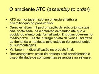 O ambiente ATO (assembly to order)
• ATO ou montagem sob encomenda enfatiza a
diversificação de produto final.
• Características: há padronização de subconjuntos que
são, neste caso, os elementos estocados até que o
pedido do cliente seja formalizado. Entregas ocorrem no
médio prazo. Cliente interage no ato da venda.Incerteza
da demanda é manipula pelo estoque de componentes
ou submontagens.
• Vantagem=> diversificação no produto final.
• Desvantagem=> prazo de entrega está condicionado à
disponibilidade de componentes essenciais no estoque.
 