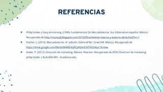 REFERENCIAS
● Philip Kotler y Gary Armstrong. (1996). Fundamentos De Mercadotecnia. 3ra. Editorial en español. México.
Recuperado de http://munozjl.blogspot.com/2010/09/ambiente-interno-y-externo-de-la.html?m=1
● Fischer, L. (2010). Mercadotecnia. 4ª. edición. Editorial Mc. Graw Hill. México. Recuperado de
https://drive.google.com/file/d/0B4WZ4sJRCyRQmE5VTVxSHkyc1k/view
● Kotler, P. (2012). Dirección de marketing. México: Pearson. Recuperado de (PDF) Direccion de marketing
philip kotler | KLAUDIA MH - Academia.edu
 