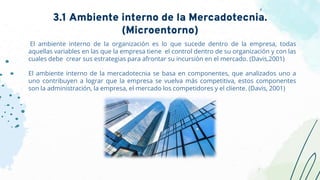 El ambiente interno de la organización es lo que sucede dentro de la empresa, todas
aquellas variables en las que la empresa tiene el control dentro de su organización y con las
cuales debe crear sus estrategias para afrontar su incursión en el mercado. (Davis,2001)
El ambiente interno de la mercadotecnia se basa en componentes, que analizados uno a
uno contribuyen a lograr que la empresa se vuelva más competitiva, estos componentes
son la administración, la empresa, el mercado los competidores y el cliente. (Davis, 2001)
3.1 Ambiente interno de la Mercadotecnia.
(Microentorno)
 