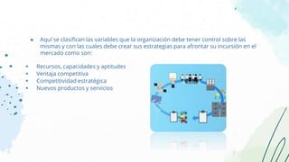 ● Aquí se clasifican las variables que la organización debe tener control sobre las
mismas y con las cuales debe crear sus estrategias para afrontar su incursión en el
mercado como son:
 Recursos, capacidades y aptitudes
 Ventaja competitiva
 Competitividad estratégica
 Nuevos productos y servicios
 