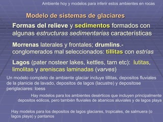 Modelo de sistemas de glaciares
Morrenas laterales y frontales; drumlins.-
conglomerados mal seleccionados: tillitas con estrías
Lagos (pater nosteer lakes, kettles, tarn etc): lutitas,
limolitas y areniscas laminadas (varves)
Ambiente hoy y modelos para inferir estos ambientes en rocas
Formas del relieve y sedimentos formados con
algunas estructuras sedimentarias características
Hay modelos para los depositos de lagos glaciares, tropicales, de salmuera (o
lagos playa) y pantanos
Hay modelos para los ambientes desérticos que incluyen principalmente
depositos eólicos, pero también fluviales de abanicos aluviales y de lagos playa
Un modelo completo de ambiente glaciar incluye tillitas, depositos fluviales
de la planicie de lavado, depositos de lagos (lacustre) y depositose
periglaciares: loess
 