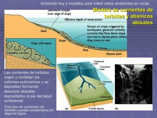 Modelo de corrientes de
turbidez y abanicos
abisales
Ambiente hoy y modelos para inferir estos ambientes en rocas
Las corrientes de turbidez
viajan y modelan los
cañones submarinos y se
depositan formando
abanicos abisales
depositados al pie del talud
continental.
Este tipo de corrientes de
también pueden presentarse en
algunos lagos
 