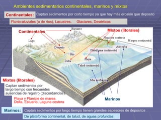 Continentales
Marinos
Mixtos (litorales)
Ambientes sedimentarios continentales, marinos y mixtos
Continentales:
Fluvio-aluviales (o de ríos), Lacustres. Glaciares, Desérticos
Captan sedimentos por corto tiempo ya que hay más erosión que deposito
Marinos: Captan sedimentos por largo tiempo tienen grandes espesores de depositos
Mixtos (litorales)
De plataforma continental, de talud, de aguas profundas
Playa y Planicie de marea.
Delta, Estuario, Laguna costera
Captan sedimentos por
largo tiempo con frecuentes
ausencias de registro (discordancias).
 