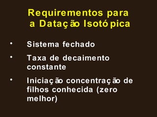 Requirementos para  a Datação Isotópica Sistema fechado Taxa de decaimento constante Iniciação concentração de filhos conhecida (zero melhor) 