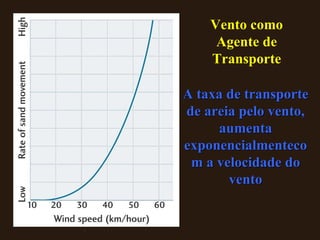 A taxa de transporte de areia pelo vento, aumenta exponencialmentecom a velocidade do vento Vento como Agente de Transporte 