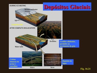 Fig. 16.21 Depósitos Glaciais Cristas sinuosas de areias e cascalhos conglomerado Cordões alinhados, paralelos ao movimento do gelo Depósito de lagos 