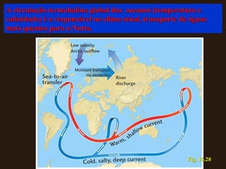 Fig. 16.28 A circulação termohalina global dos  oceanos (temperatura e salinidade) é a responsável no clima atual, transporte de águas mais quentes para o Norte. 