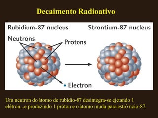 Decaimento Radioativo Um neutron do átomo de rubídio-87 desintegra-se ejetando 1 elétron...e produzindo 1 próton e o átomo muda para estrôncio-87. 