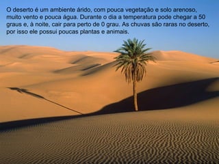 O deserto é um ambiente árido, com pouca vegetação e solo arenoso, muito vento e pouca água. Durante o dia a temperatura pode chegar a 50 graus e, à noite, cair para perto de 0 grau. As chuvas são raras no deserto, por isso ele possui poucas plantas e animais. 