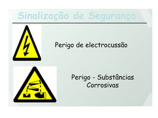 Sinalização de Segurança
Perigo de electrocussão
Perigo - Substâncias
Corrosivas
 