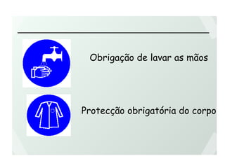 Obrigação de lavar as mãos
Protecção obrigatória do corpo
 